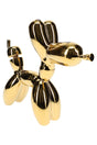 Glossy gold balloon dog water piece side angle showing recessed tail joint and stable standing legs on white
