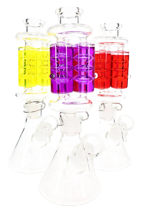 10.5″ beaker bong lineup with triple glycerin-filled coil chambers in assorted colors, front view