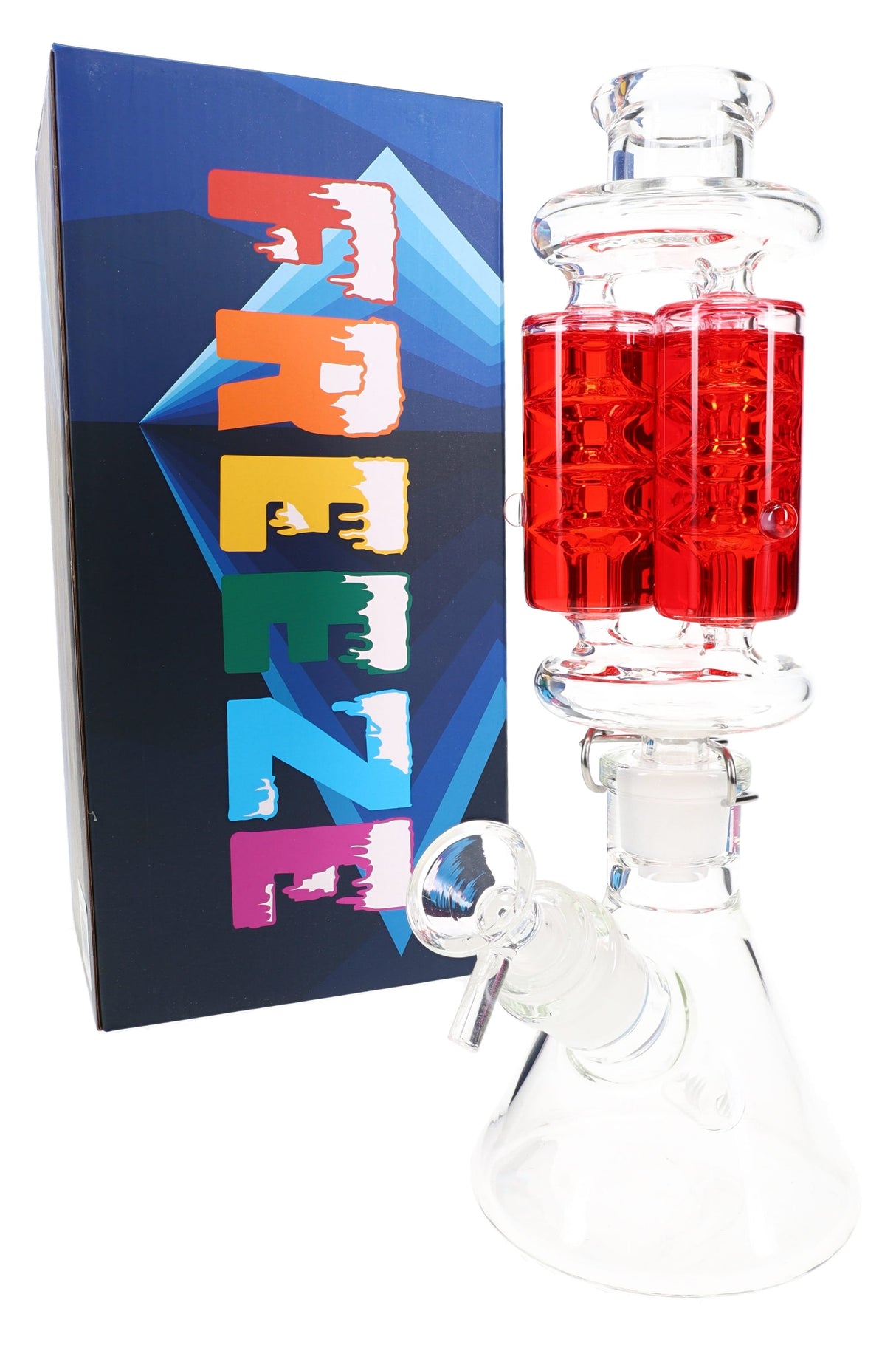 Red 10.5″ fluid-filled triple chamber beaker bong beside FREEZE display box, angled product shot