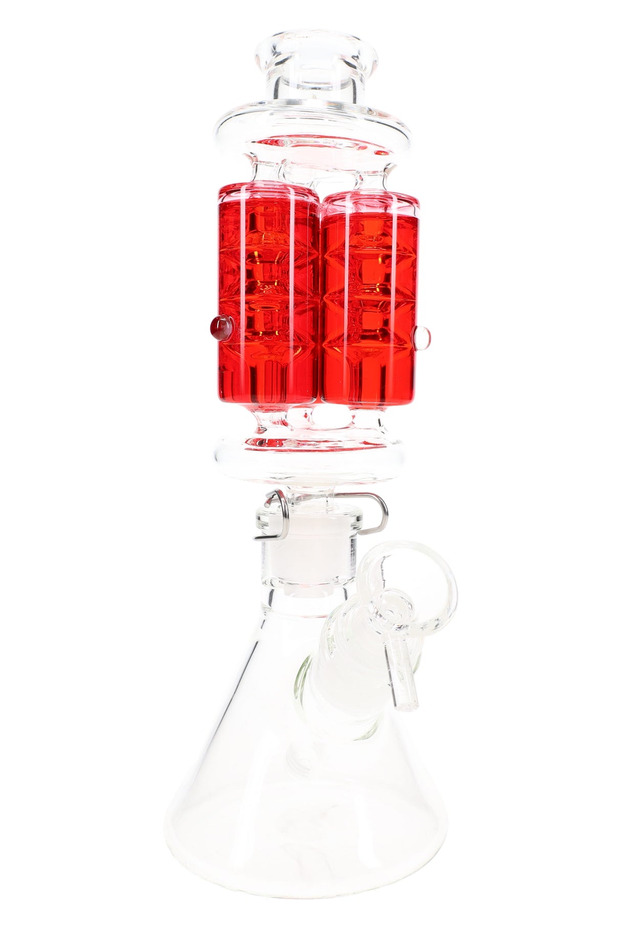 Closeup of red triple-chamber glycerin-filled beaker bong showing 18.8mm joint and keck clip