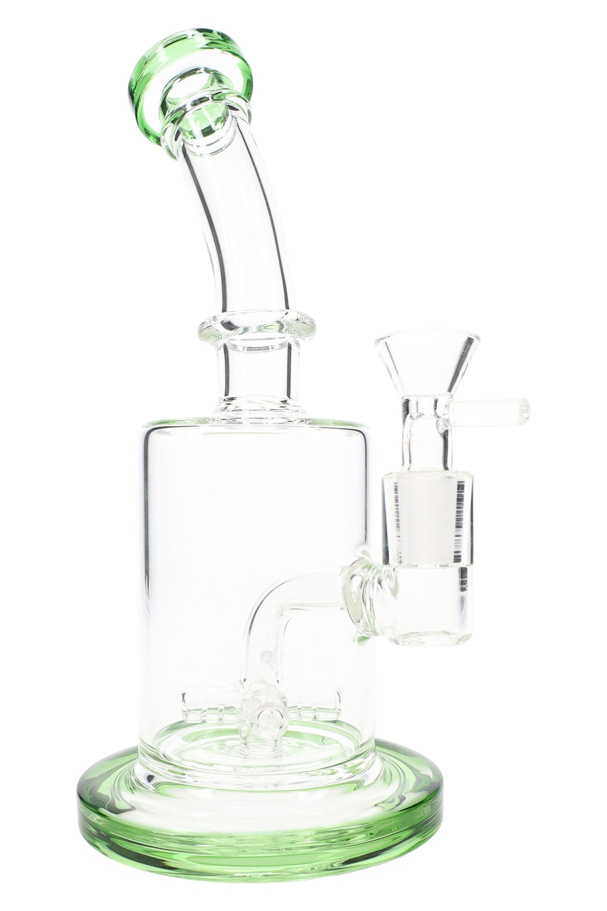 Green-accent 8.5″ bent-neck stemless straight shooter glass bong with sprinkler perc, front view
