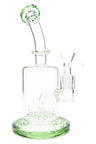 Green-accent 8.5″ bent-neck stemless straight shooter glass bong with sprinkler perc, front view