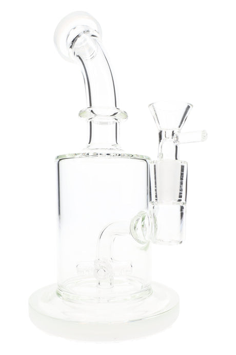 White-accent bent-neck straight shooter glass bong showing stemline sprinkler perc and base, front view