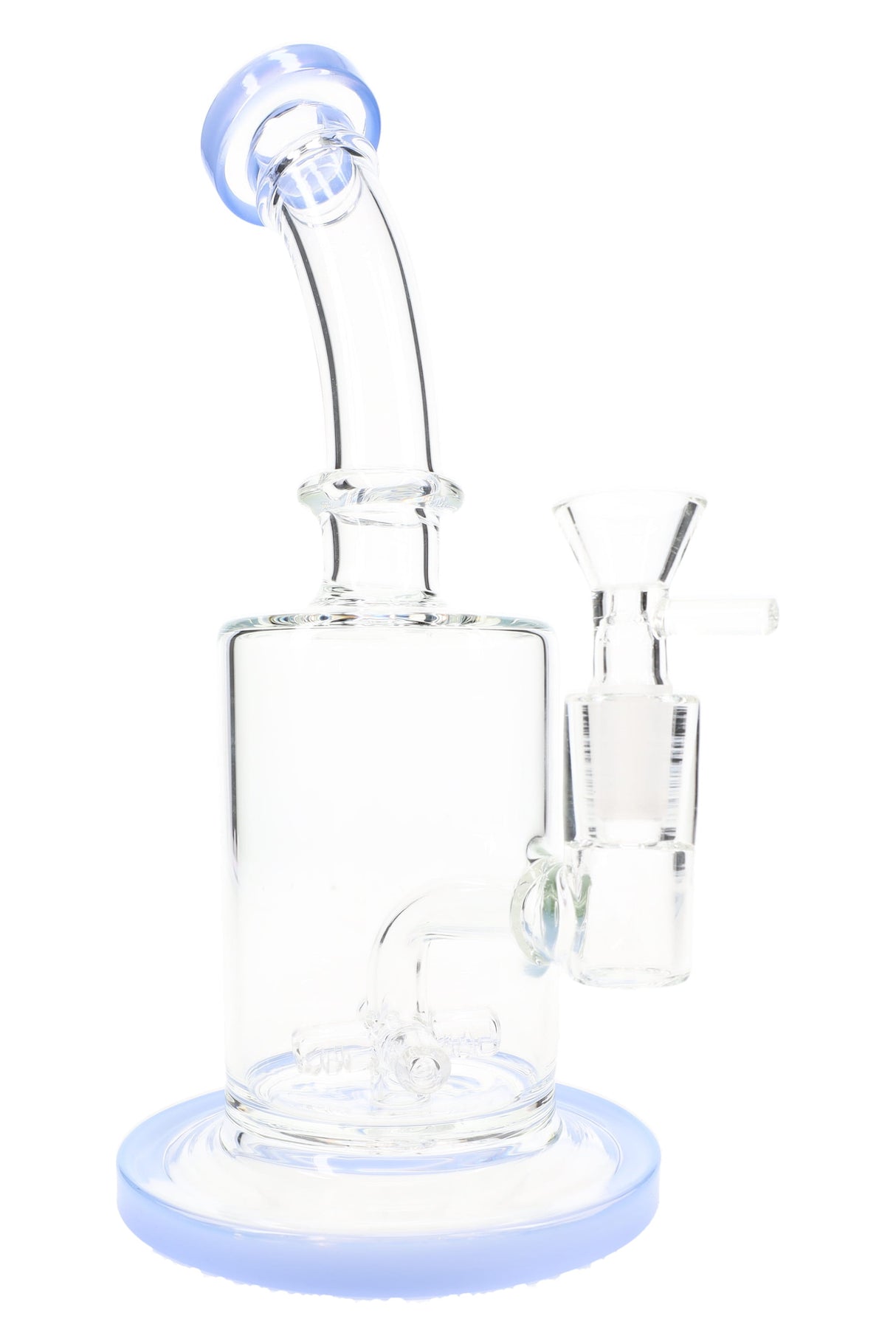 Blue-accent 8.5″ stemless straight shooter glass bong with sprinkler perc and 14.5mm bowl, front view