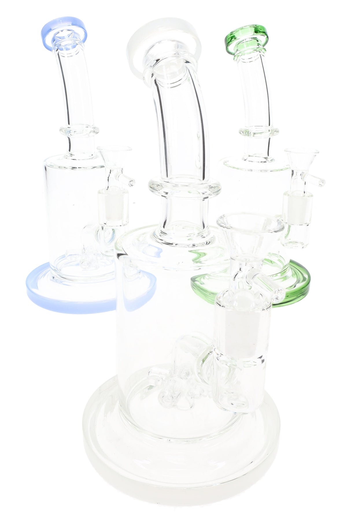 Assorted-color stemless straight shooter glass bong set with bent neck and 14.5mm bowl, front view