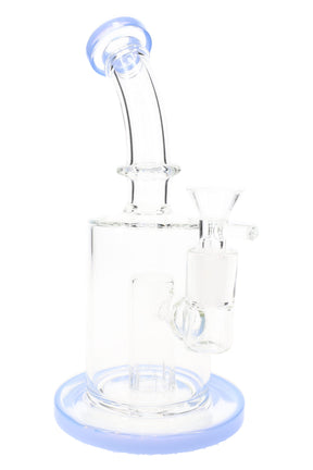 Clear 8″ stemless straight shooter glass bong with blue base accent and bent neck, front view
