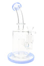 Clear 8″ stemless straight shooter glass bong with blue base accent and bent neck, front view