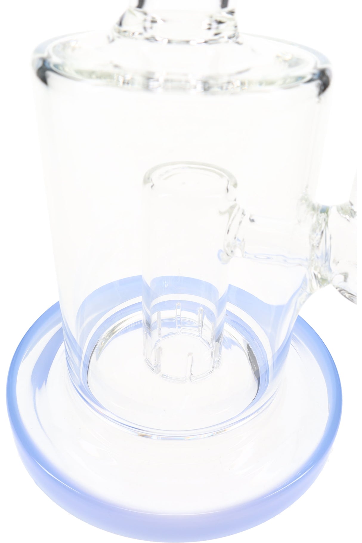 Drum percolator closeup inside clear straight shooter glass bong with blue accent base ring, detail shot
