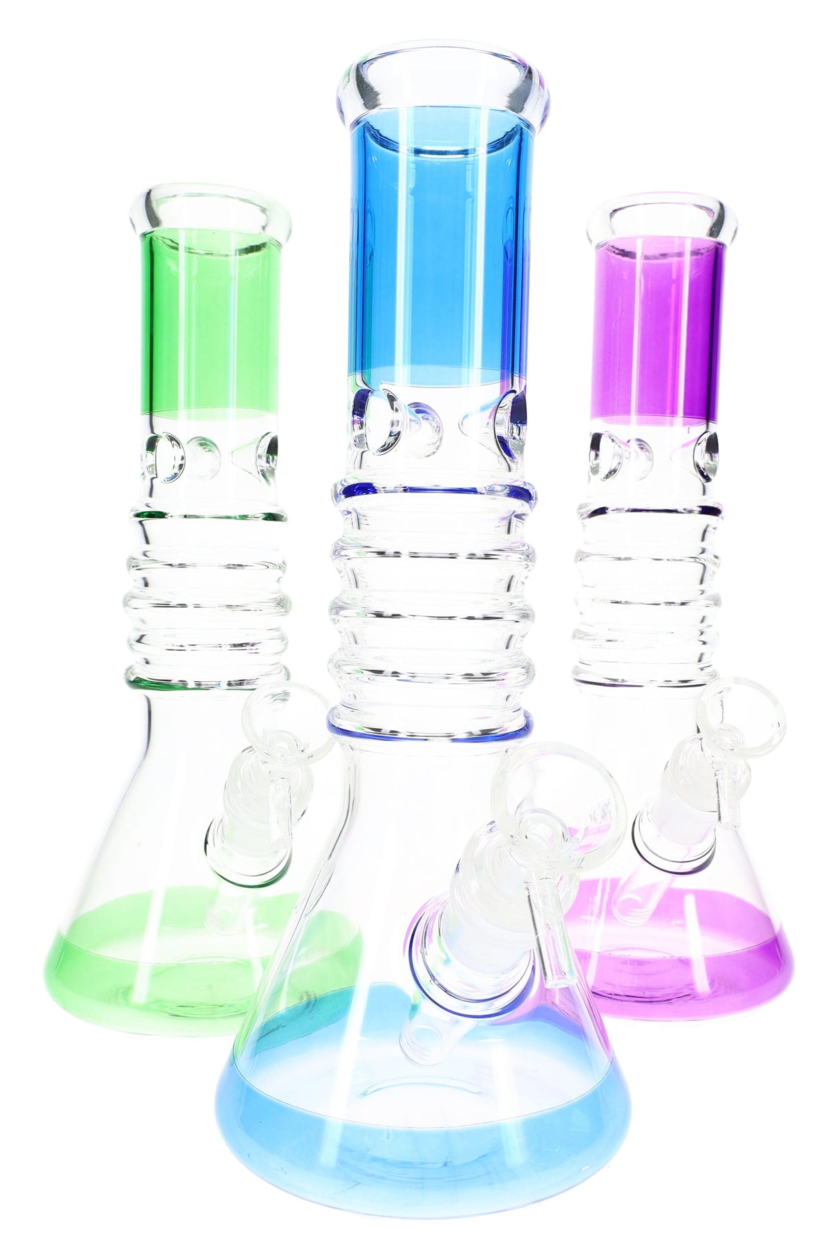 Clear 10″ beaker bong with colorful stacked ring accents and ice pinch in the neck, assorted colors