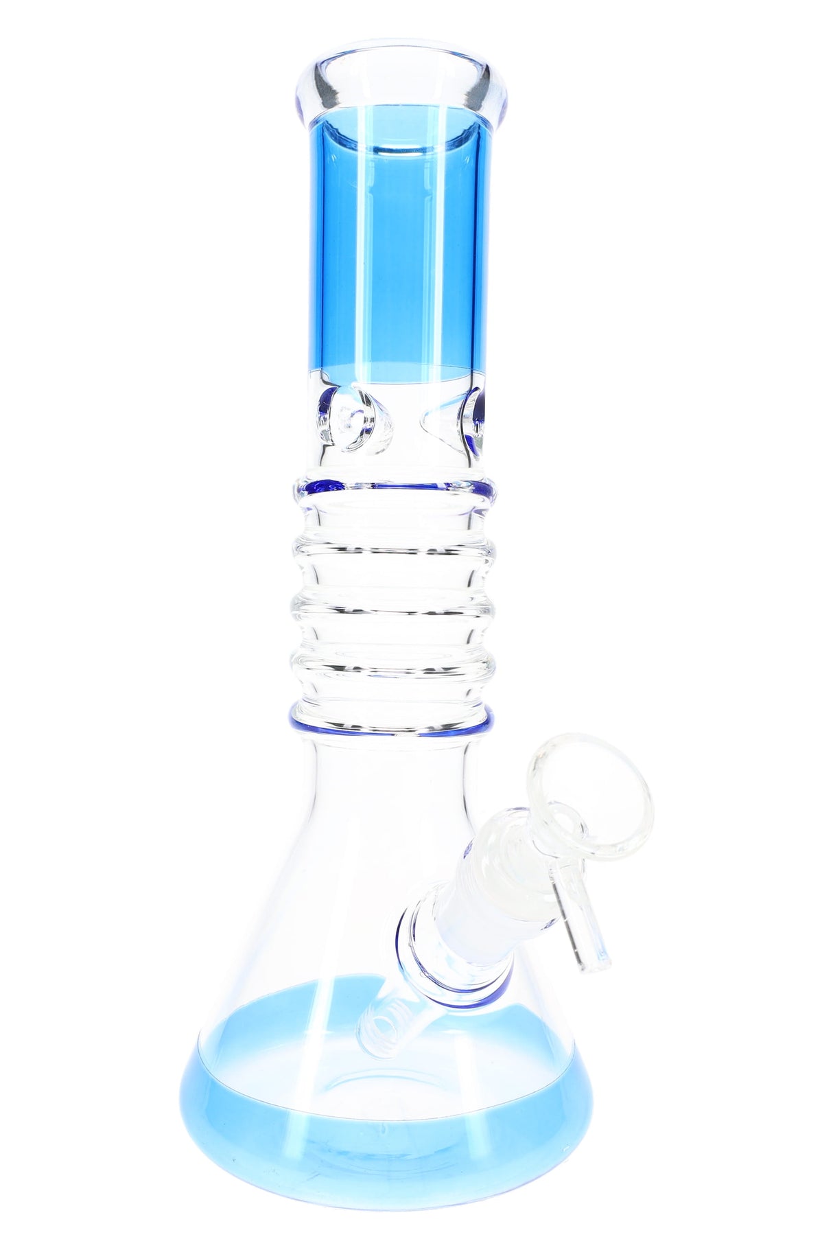 Side view of 10″ GoG ring beaker bong showing ice pinch and 18.8 mm female joint, clear glass body