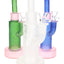 Three frosted space-style glass bongs in green, white, and blue with pink bases and matching bowl slides