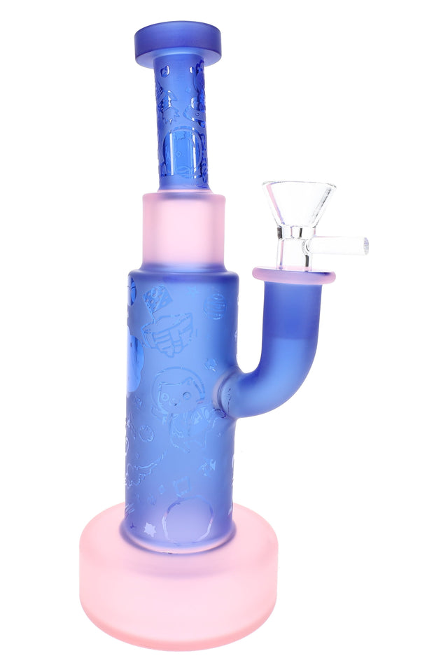 Blue frosted space bong with pink base, etched space icons, and clear bowl slide on side joint