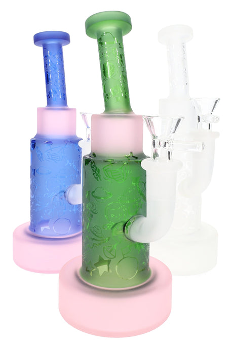 Assorted frosted space bongs showing green front with white side arm, plus blue and white versions behind