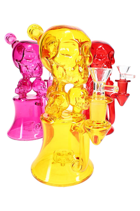 Assorted colored GoG skull recycler bongs with matching bowls, showerhead perc, 8½″ compact lineup