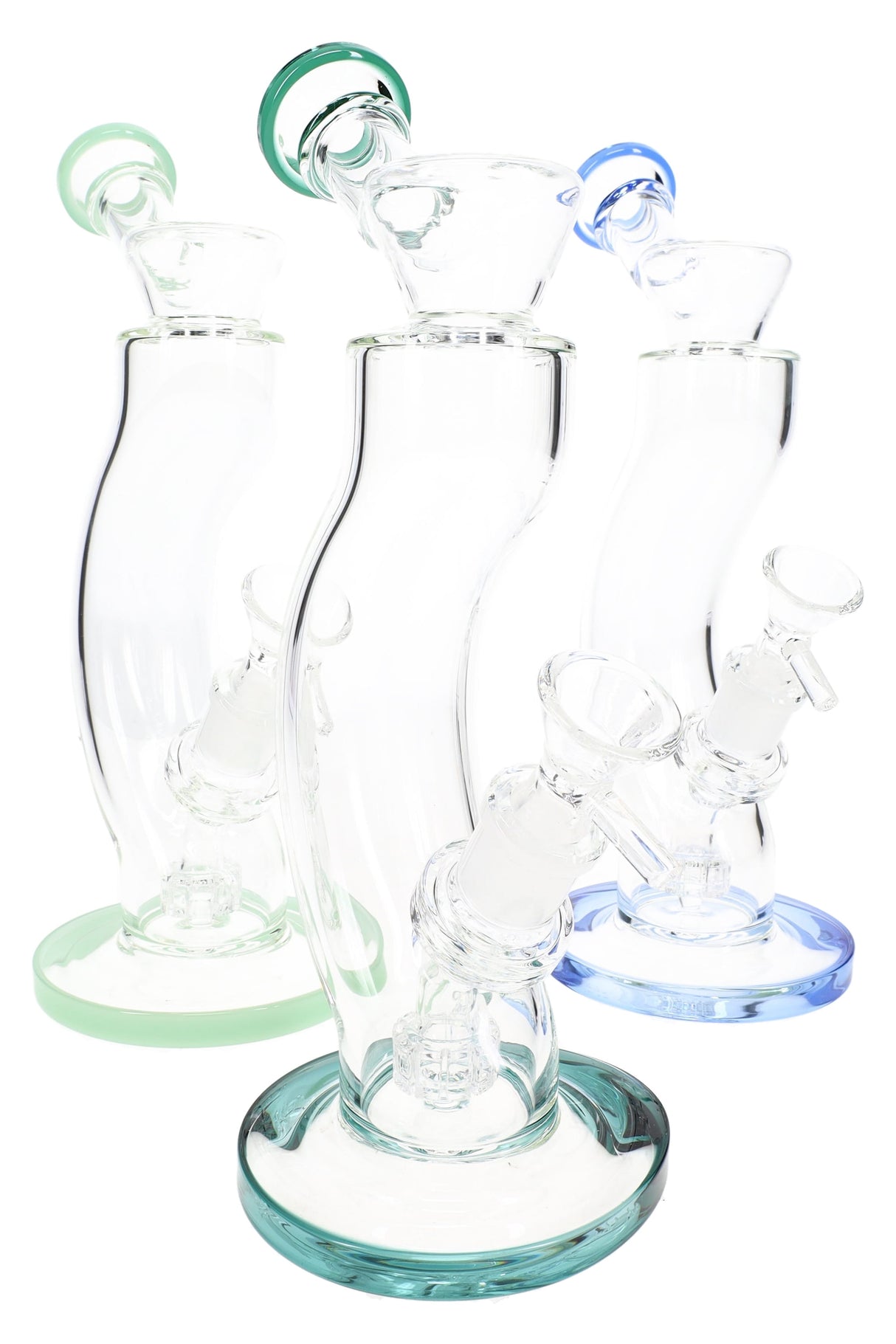Assorted 9″ curved stemless matrix perc bongs with colored bases and mouthpieces, grouped on white background