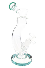 Single 9″ curved matrix perc bong with teal base and matching mouthpiece, stemless 14.5 mm joint view