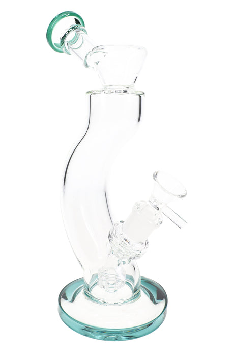 Single 9″ curved matrix perc bong with teal base and matching mouthpiece, stemless 14.5 mm joint view