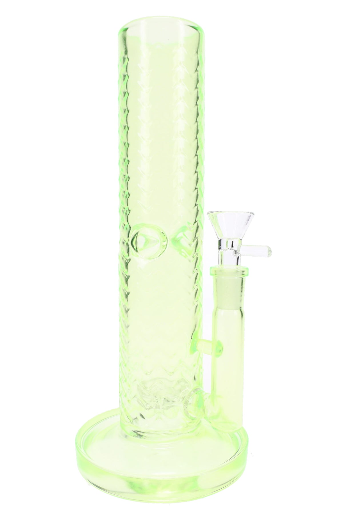 Neon green 10″ wave-texture straight shooter bong with showerhead perc and ice pinch, full-length view