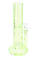 Neon green 10″ wave-texture straight shooter bong with showerhead perc and ice pinch, full-length view