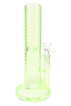 Neon green 10″ wave-texture straight shooter bong with showerhead perc and ice pinch, full-length view