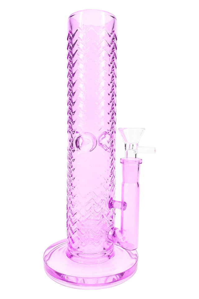 Purple 10″ wave-texture straight shooter bong with textured glass body and matching bowl, front display photo
