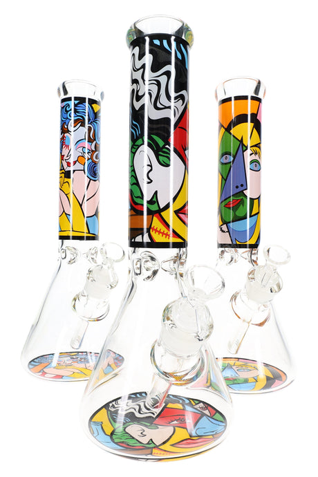 Assorted 13½″ Picasso mosaic beaker bongs with colorful cubism artwork and clear beaker bases, trio display