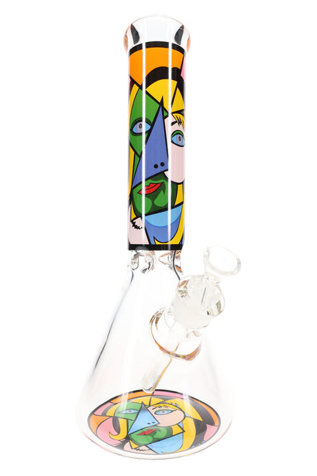 Single 13½″ GoG Picasso mosaic beaker bong with cubism woman artwork, ice pinch, and 18.8 mm female joint