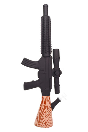 24″ rifle-style glass beaker bong with faux woodgrain base and long barrel body, hero product photo on white