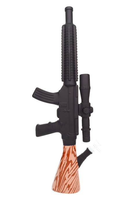 24″ rifle-style glass beaker bong with faux woodgrain base and long barrel body, hero product photo on white