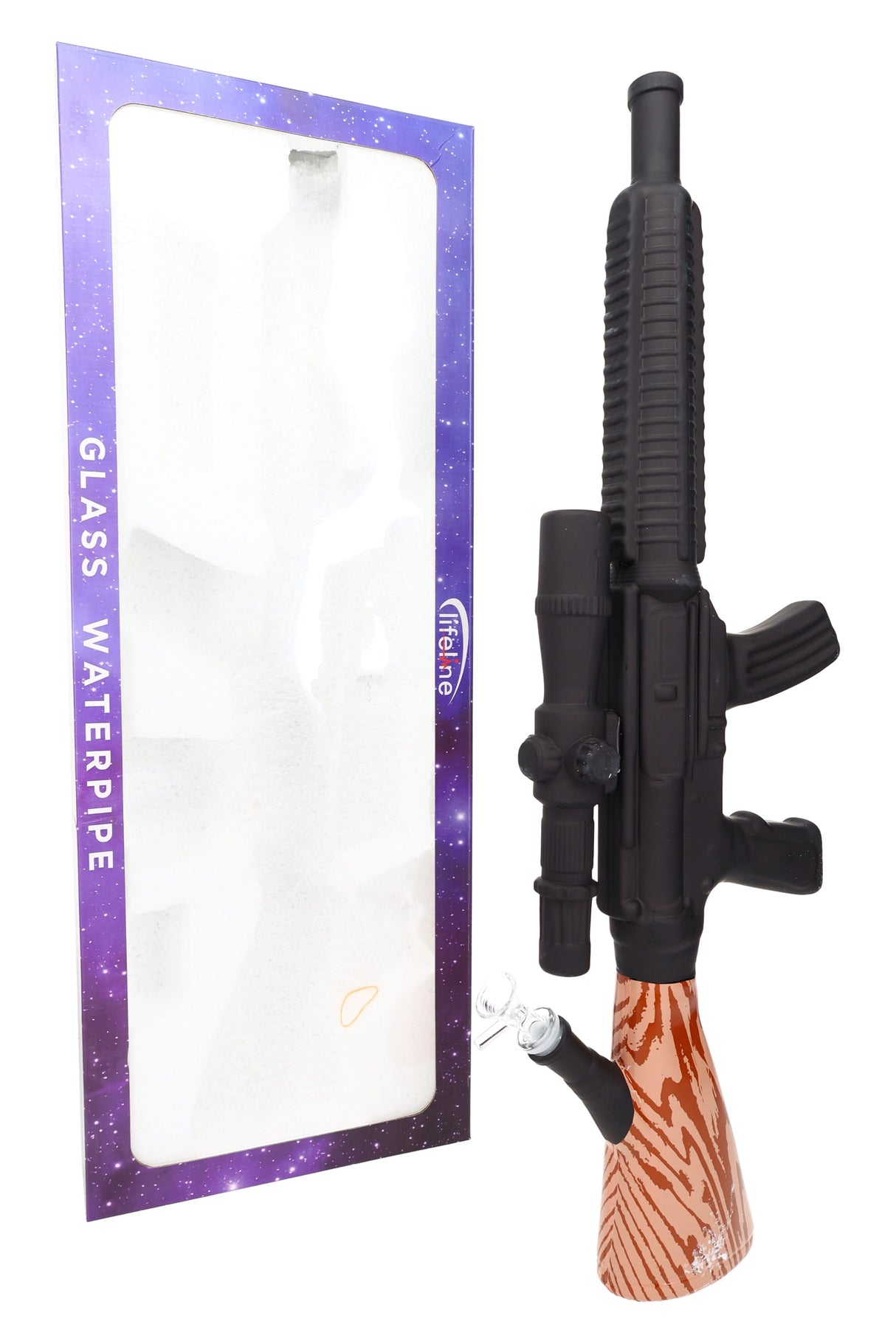 Boxed 24″ rifle-shaped beaker bong beside windowed retail box, oversized novelty glass display piece