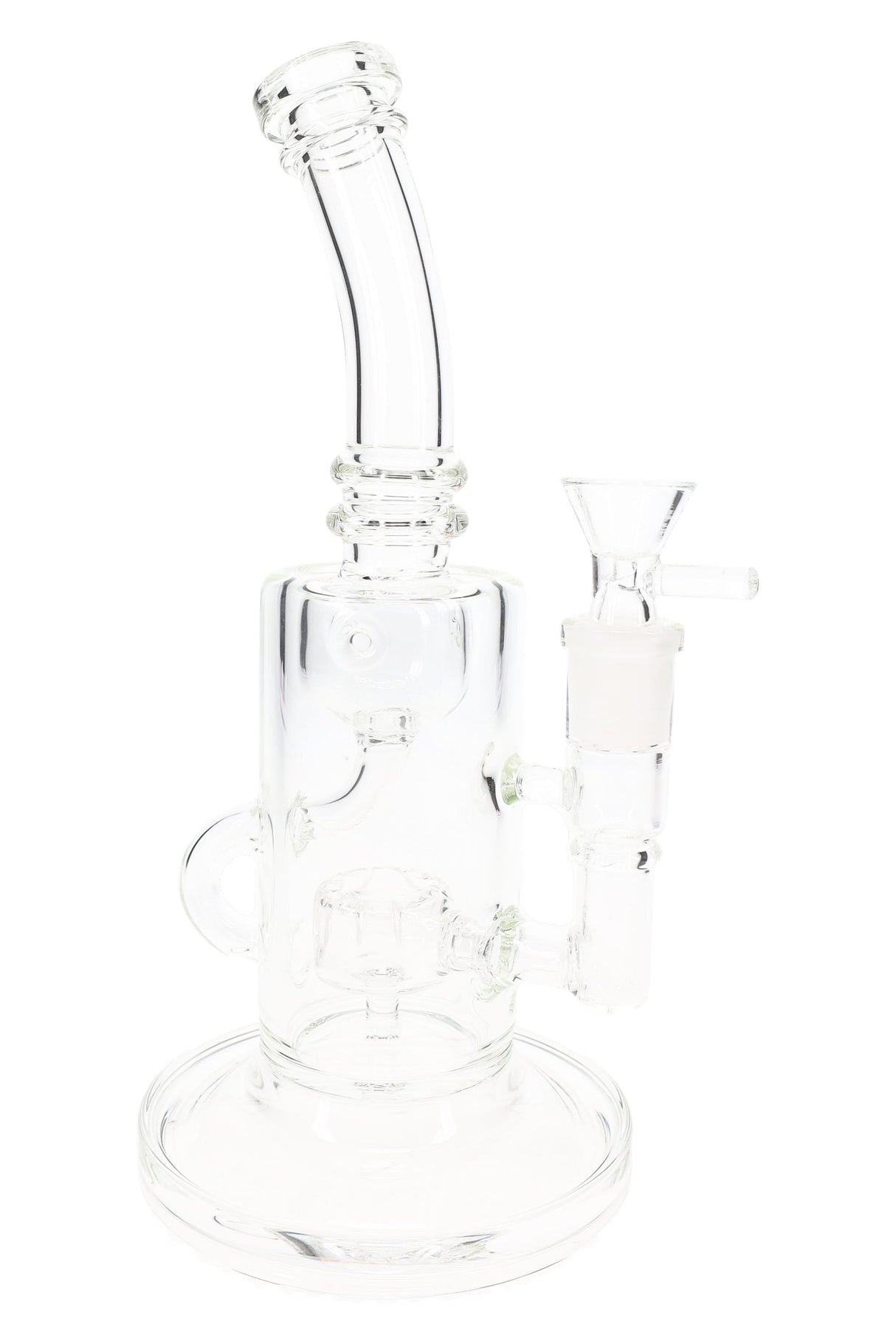 Clear 9½″ stemless recycler bong with 14.5 mm joint and Fabergé chamber, front view with bowl slide