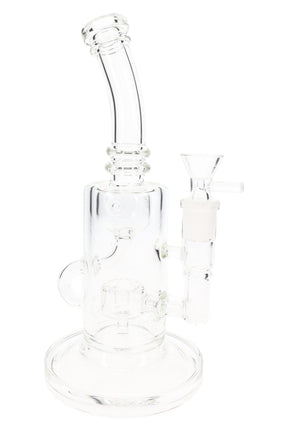 Clear 9½″ stemless recycler bong with 14.5 mm joint and Fabergé chamber, front view with bowl slide