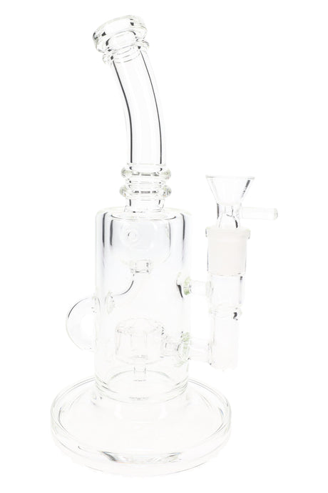 Clear 9½″ stemless recycler bong with 14.5 mm joint and Fabergé chamber, front view with bowl slide