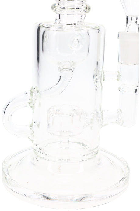 Close-up of clear recycler bong showing Fabergé chamber and stemline drum percolator inside the base