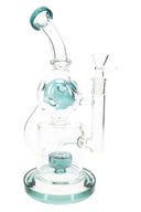 Teal-accent GoG Fabergé recycler bong with drum perc and 14.5 mm bowl, full front hero view