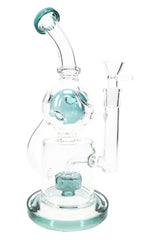 Teal-accent GoG Fabergé recycler bong with drum perc and 14.5 mm bowl, full front hero view
