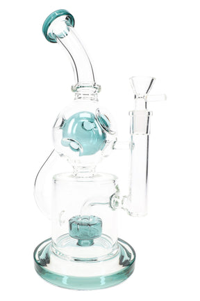 Teal-accent GoG Fabergé recycler bong with drum perc and 14.5 mm bowl, full front hero view