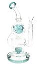 Teal-accent GoG Fabergé recycler bong with drum perc and 14.5 mm bowl, full front hero view