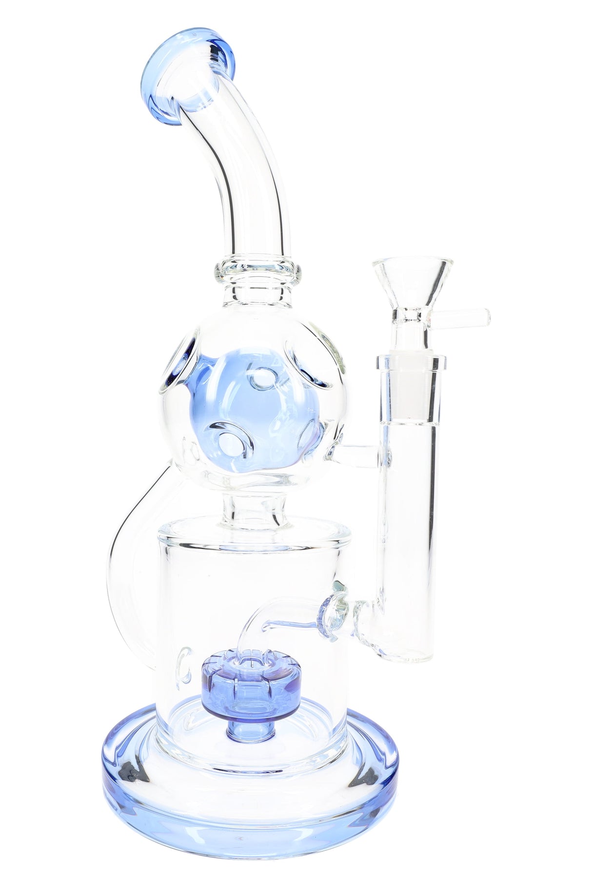 Blue-accent 11½″ stemless Fabergé recycler bong showing angled neck and drum perc base, clean white shot