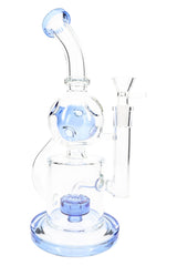 Blue-accent 11½″ stemless Fabergé recycler bong showing angled neck and drum perc base, clean white shot
