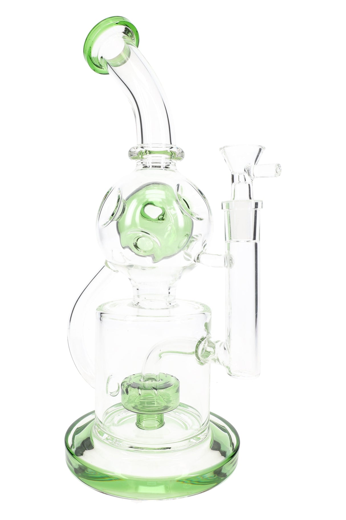 Green-accent stemless Fabergé recycler bong with 14.5 mm joint and matching bowl, side profile view
