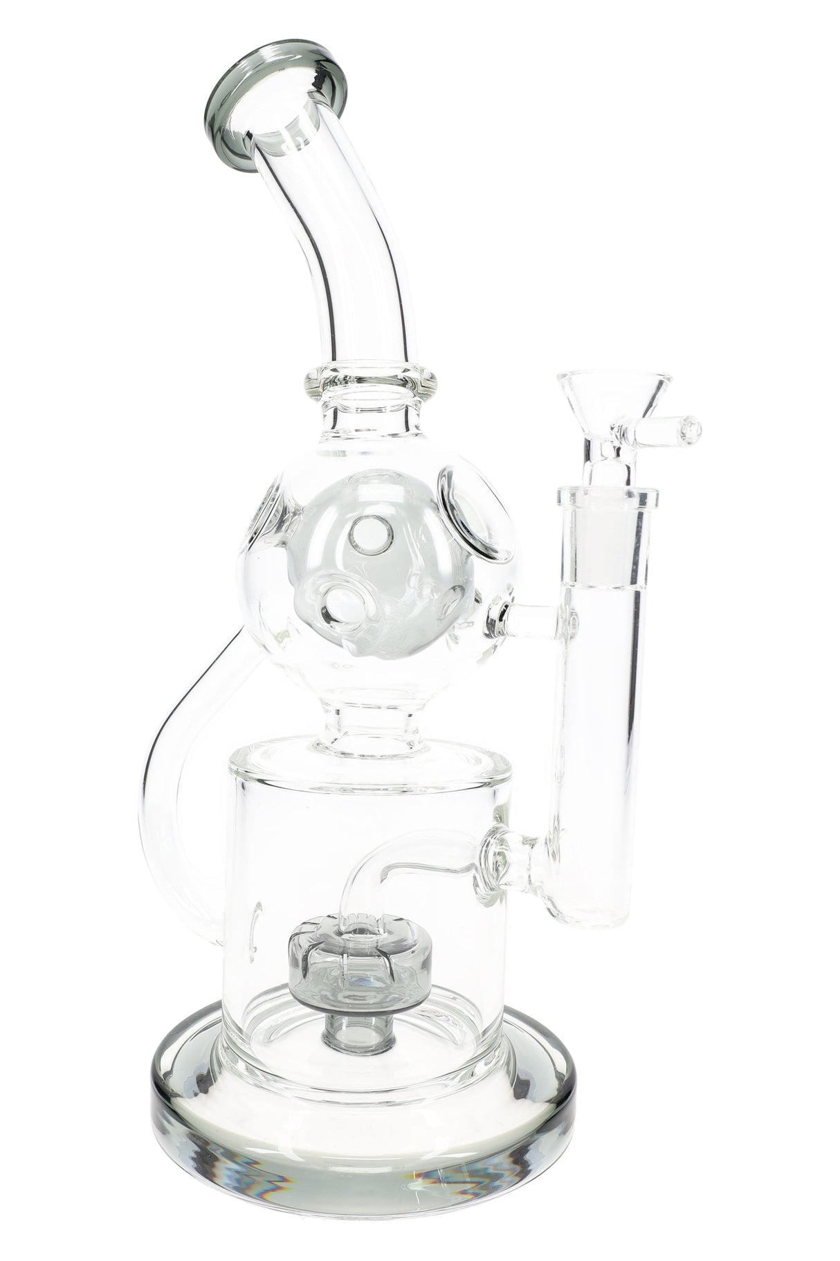 Smoke gray-accent 11½″ stemless Fabergé recycler bong with bowl slide, modern neutral accent display