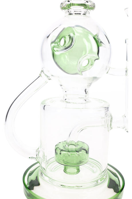 Close-up of green Fabergé egg chamber and drum percolator inside recycler base, diffusion detail photo