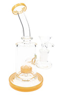 Amber-accent 7½″ stemless bent-neck glass bong with showerhead perc chamber and matching bowl