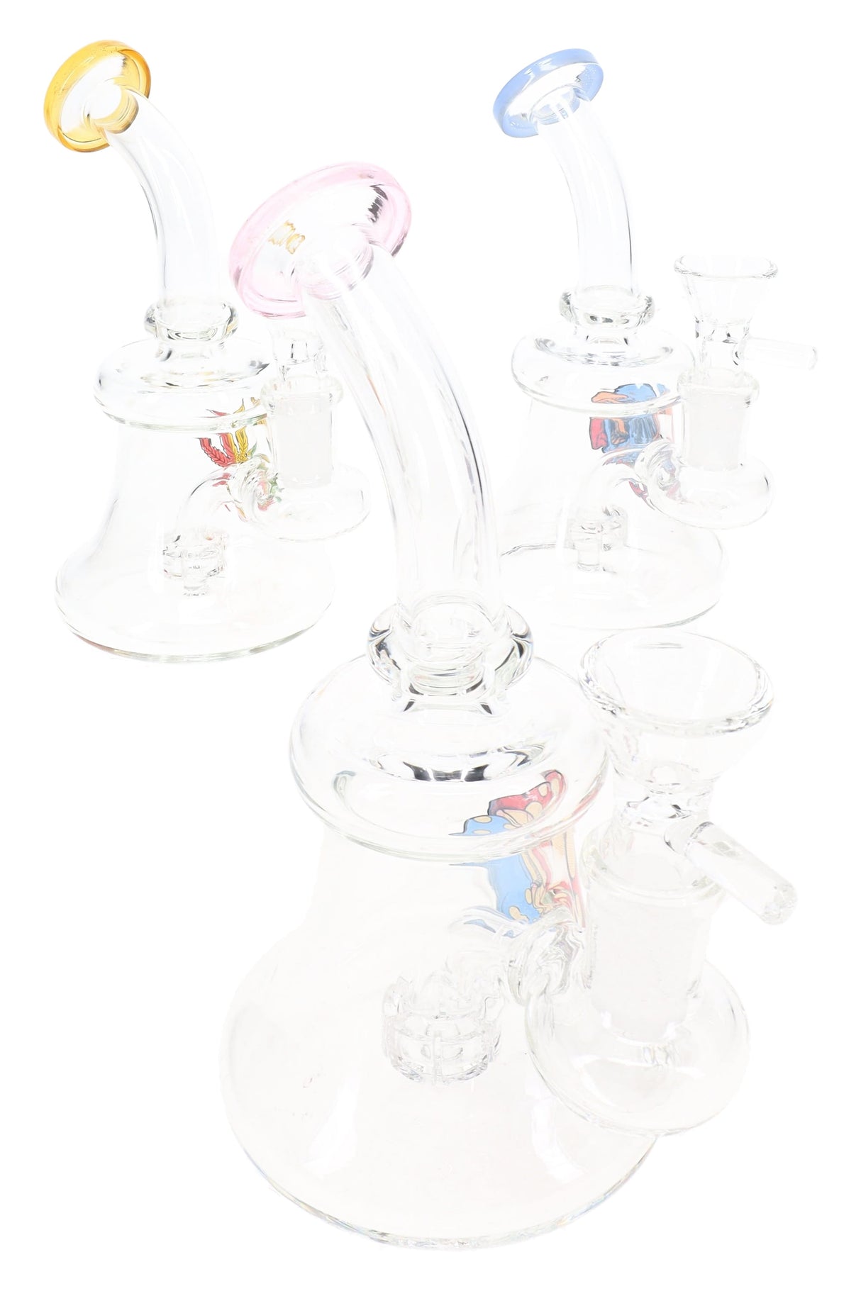 Assorted 6″ GoG stemless beaker bongs with bent neck, colored rims, and mixed decal designs on white