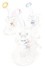 Assorted 6″ GoG stemless beaker bongs with bent neck, colored rims, and mixed decal designs on white