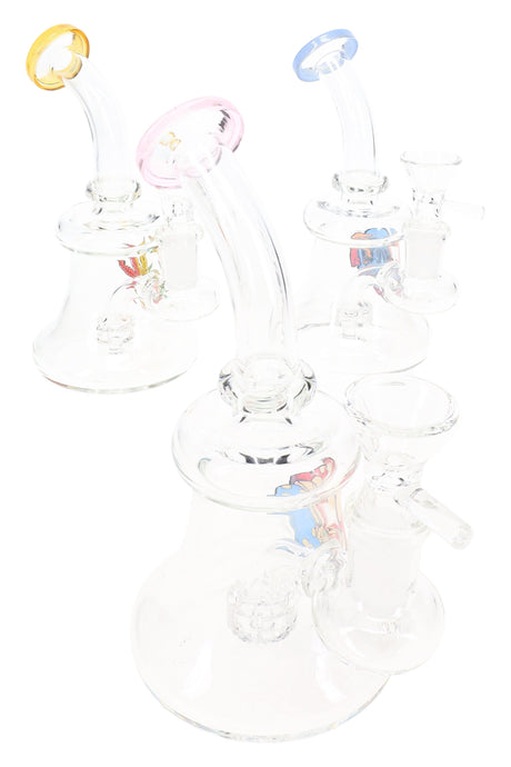 Assorted 6″ GoG stemless beaker bongs with bent neck, colored rims, and mixed decal designs on white