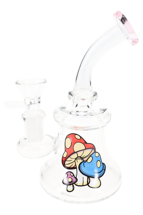 6″ GoG decal beaker bong with pink rim and mushroom graphic, bent neck stemless build, side view