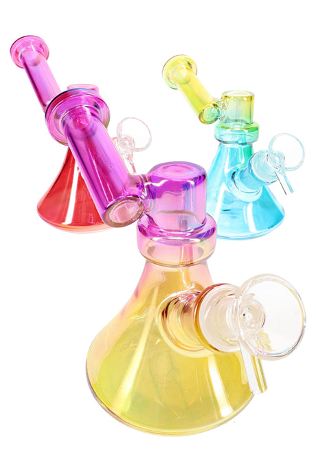 Assorted metallic gradient GoG sidecar bongs in mixed colors with matching bowls, group display on white