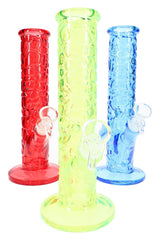Red, neon green, and blue 9½″ textured rock wall straight shooter glass bongs with flared bases and clear bowls